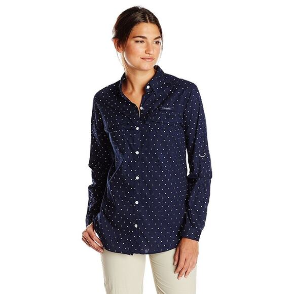 Columbia PFG Super Bonehead Shirt Collegiate Navy Blue Polka Dot M - Picture 1 of 6
